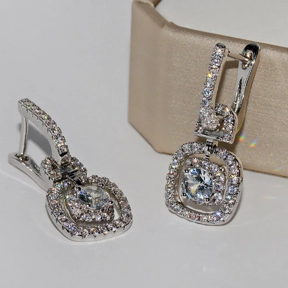 NEW Silver Round Diamond Halo Drop Huggie Hoops Earrings